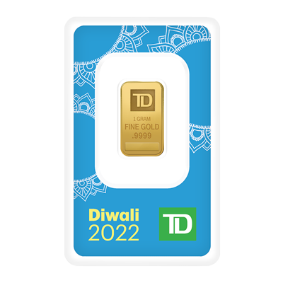 A picture of a 1 gram TD Diwali Gold Bar (2022)